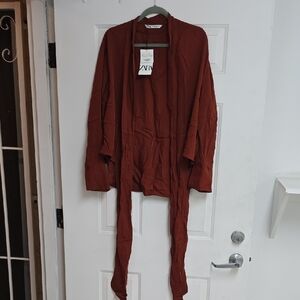 Zara Top Womens L Burnt Rust Long Sleeve Shirt Kimono Open Tie Relax Oversized